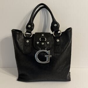 Vintage Guess Croc Embossed Tote Bag Y2K Black Silver Saddle Flap